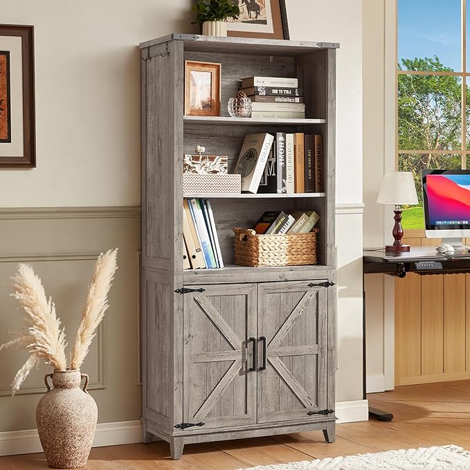 70in Tall Bookshelf 5 Tier Bookcase with Barn Doors and Adjustable Shelves, Grey Farmhouse Book Shelf with Storage Cabinet, Wood Freestanding Display Bookshelves for Bedroom, Kitchen (2PCS)