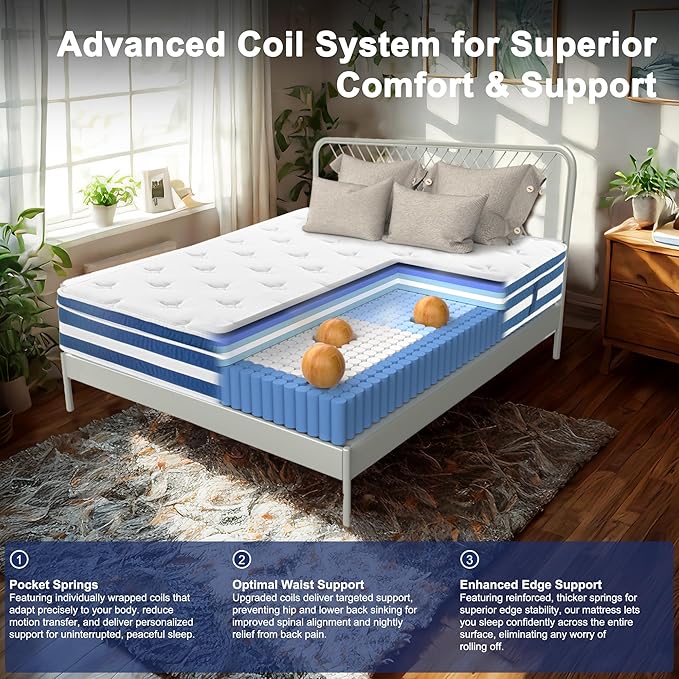 King Size Mattress, 10 Inch Memory Foam Hybrid King Size Mattress in a Box with Gel Memory Foam & Zoned Pocket Coils, Pressure Relief, Motion Isolation, Soft & Breathable Non-Fiberglass, Edge Support