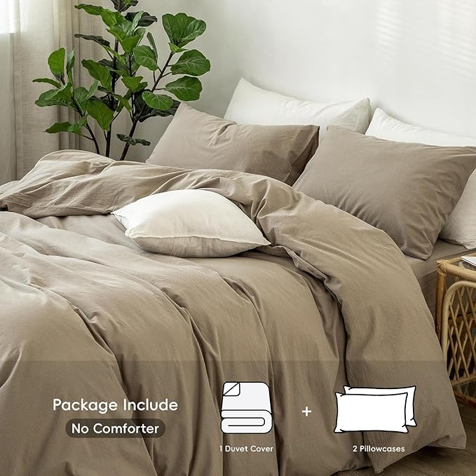 MooMee Bedding Duvet Cover Set 100% Washed Cotton Linen Like Textured Breathable Durable Soft Comfy (Solid Mocha Brown, Palatial King/Oversized King 120"x98")