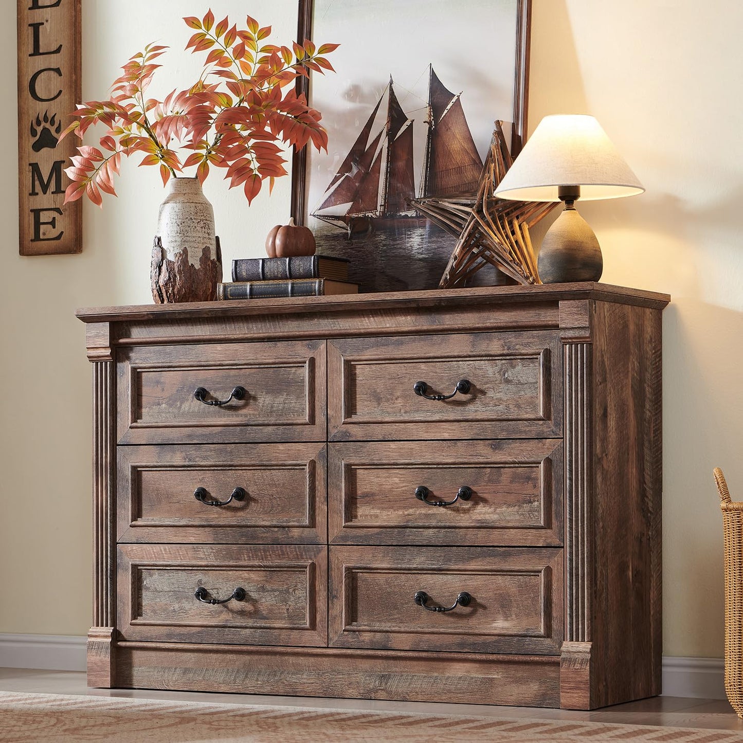 Aitjunz Farmhouse 6 Drawer Dressers for Bedroom, 47'' Wide Dresser & Chests of Drawers w/Roman Columns, Horizontal Wooden TV Stand Dresser w/Metal Handle for Bedroom, Hallway, Living room, Light Brown