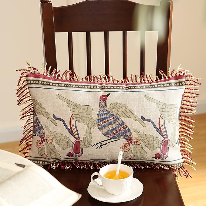 patdrea Designer Throw Pillow Covers 12"x20",Vintage Red Flying Bird Pattern Linen Pillowcases with Tassel Edges Pillows Cover for Couch,Decorative Lumbar Cushion for Bed Outdoor Car,Set of 2