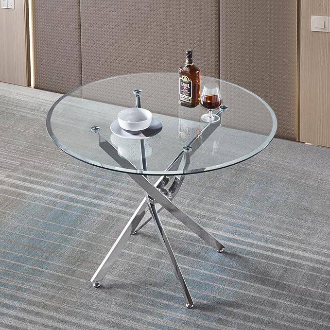 Goujxcy 5 Piece Round Glass Dining Table Set for 4, 36" Round Dining Table & Chair Set Modern Circle Glass Kitchen Table and 4 Velvet Upholstered Chairs for Kitchen Dining (Silver Table & Grey Chair)