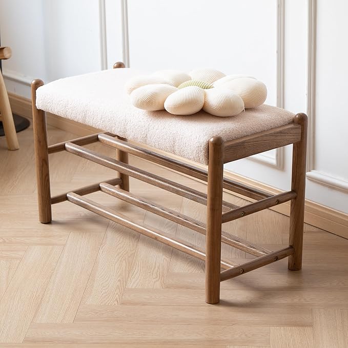 Solid Wood Entryway Bench with Shoe Storage, Rustic Oak Wood and Sherpa Fabric 31.5 Inch Long Seating for Living and Dining Rooms, 3-Tier White