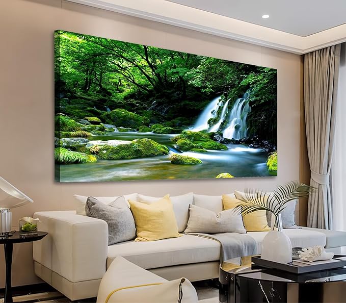 Waterfall Wall Art Large Living Room Decorations Landscape Canvas Art Nature Pictures Artwork Contemporary Wall Decor Green Trees Rivers Spring Tropic Forest for Kitchen Office Home Ready to Hang 20" x 40"