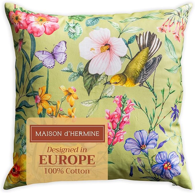 Maison d' Hermine Decorative Pillow Covers 20x20 Inch Square 100% Cotton Throw Pillow Covers with Invisible Zipper for Living Room Couch, Chair, Sofas, Bedroom, Home (Hesperides - Oiseaux)