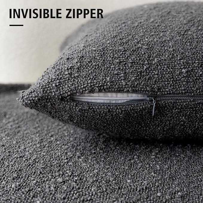 Foindtower Set of 2, Decorative Textured Boucle Throw Pillow Covers Accent Solid Pillow Cases Neutral Soft Cozy Couch Cushion Case for Chair Sofa Bedroom Living Room Home Decor 24 x 24 Inch Dark Grey