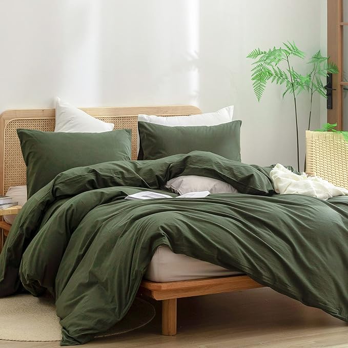 BESTOUCH Duvet Cover Set 100% Washed Cotton Linen Feel Super Soft Comfortable Chic Lightweight 3 PCs Home Bedding Set Olive Green King