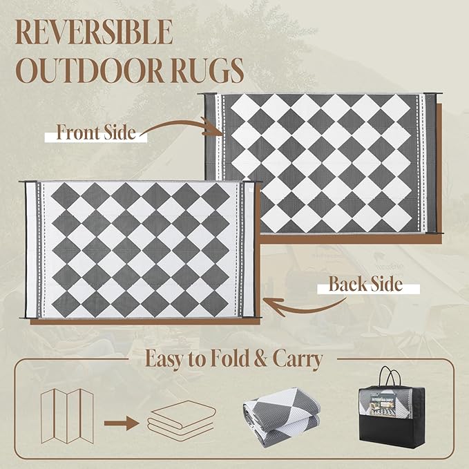 OMERAI Reversible Waterproof Outdoor Rug for Backyard,Plastic Textured Resistant Outdoors Rugs,Portable Washable Easy Cleaning Foldable Camping Beach Carpet for Patio Courtyard, 5'x8' Gray & White