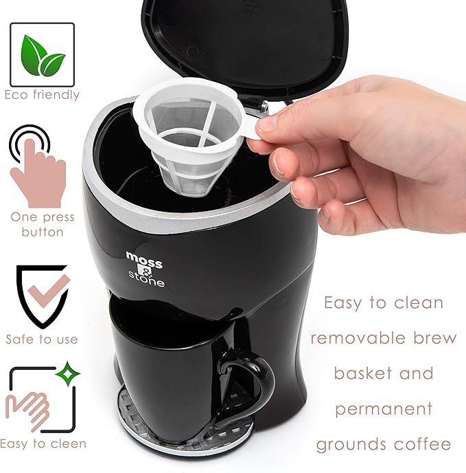 Moss & Stone Mini Drip Coffee Maker with Mug, Small Coffee Pot With Coffee Cup, Mini Coffee Maker, One Cup Coffee Maker (1 Drip & 4oz Mug)