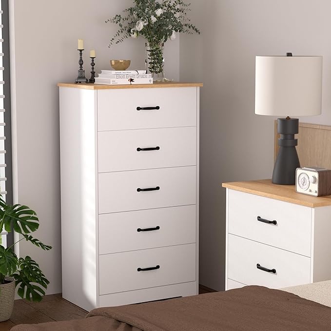 Farmhouse 5 Drawer Dresser, Small Wooden Chest of Drawers Classic White Dresser for Bedroom Living Room Entryway (White, 5 Drawer)
