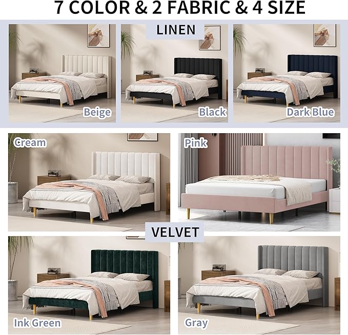 Twin Size Upholstered Platform Bed Frame with Modern Wingback & Vertical Panel Headboard, Linen Fabric, Wooden Legs & Slats Support, No Box Spring Needed, Noise-Free & Easy Assembly, Dark Blue