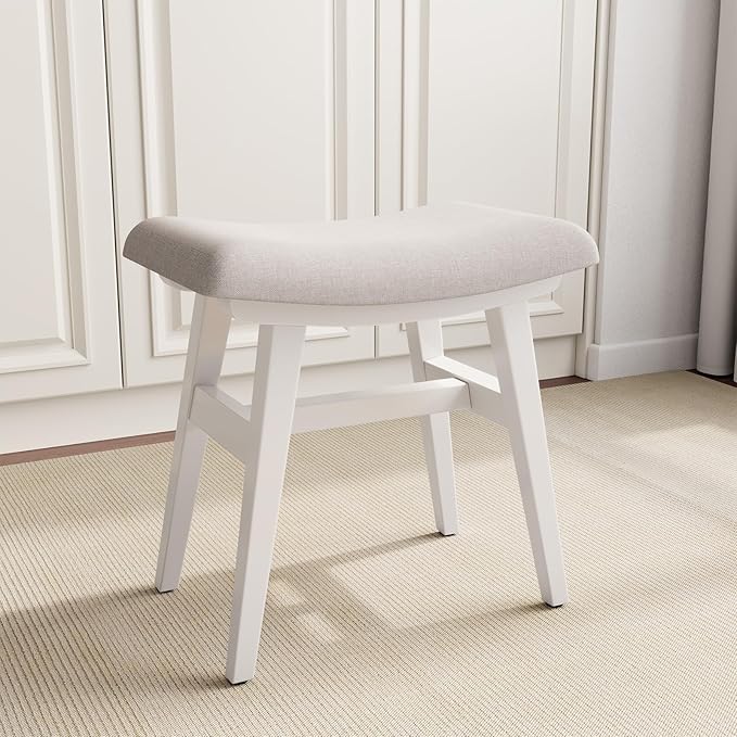 Solid Wood Small Vanity Stool, Compact Makeup Chair with Saddle Cushion, Linen-Covered High Rebound Sponge Seat, Easy Assembly Footstool, Modern Ottoman for Bedroom, Entryway, Home, White