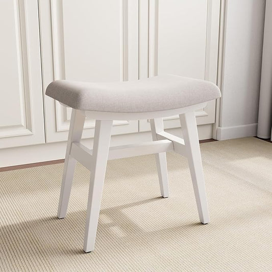 Solid Wood Small Vanity Stool, Compact Makeup Chair with Saddle Cushion, Linen-Covered High Rebound Sponge Seat, Easy Assembly Footstool, Modern Ottoman for Bedroom, Entryway, Home, White