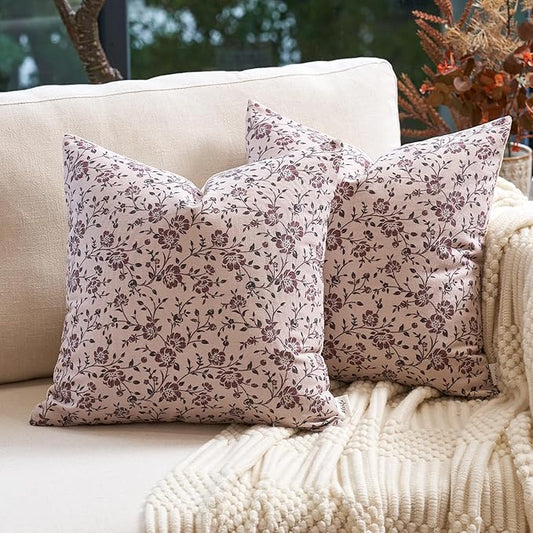 Alerfa Set of 2 Floral Pillow Covers 18x18, Vintage Block Print Throw Pillow Covers Decorative Farmhouse Accent Couch Pillows for Living Room Bedroom, Pompeii Red