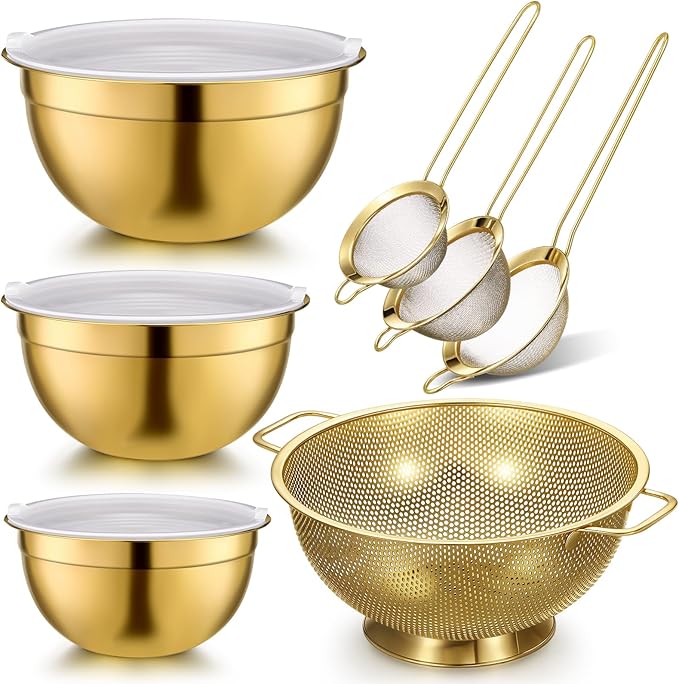 Baderke 7 Pcs Gold Kitchen Accessories Includes Stainless Steel Colander with Handles, 3 Gold Mixing Bowls with Airtight Lids and 3 Fine Mesh Strainer (Colander: 5 Qt, Mixing Bowls: 1.5/2/3 Qt)