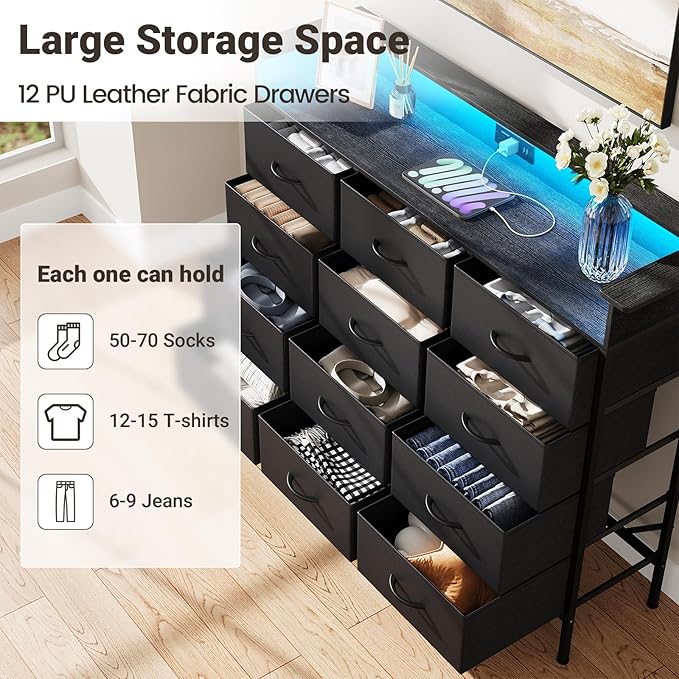 ELYKEN 50”W Black Dresser for Bedroom, Tall Dresser with 12 Drawers and Charging Station, Fabric Chest of Drawers with PU Finish Storage Drawers for Entryway Closet Living Room Hallway