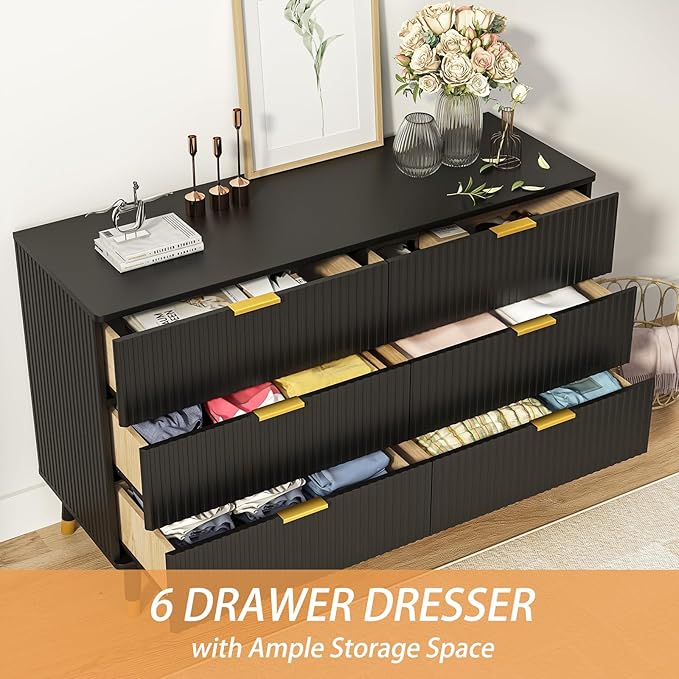 Black Dresser, Fluted 6 Drawer Dresser for Bedroom, Wooden Modern Chest of Drawers with Gold Metal Handles, Black