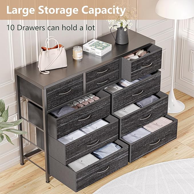 Jojoka Wide 10 Drawer Dresser,TV Stand Entertainment Center Fabric Storage Dressers Drawers for Bedroom, Hallway, Nursery, Closets, Steel Frame, Wood Top, Black Willow