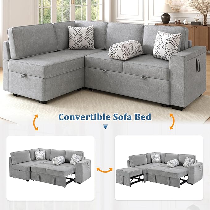 Ball & Cast Convertible Sleeper Sofa Bed,Chenille L Shaped Pull Out Couch Bed with Flip-Top Table,USB Ports & Hidden Cup Holders,Corner Sectional Sofa Couches for Living Room,Light Gray