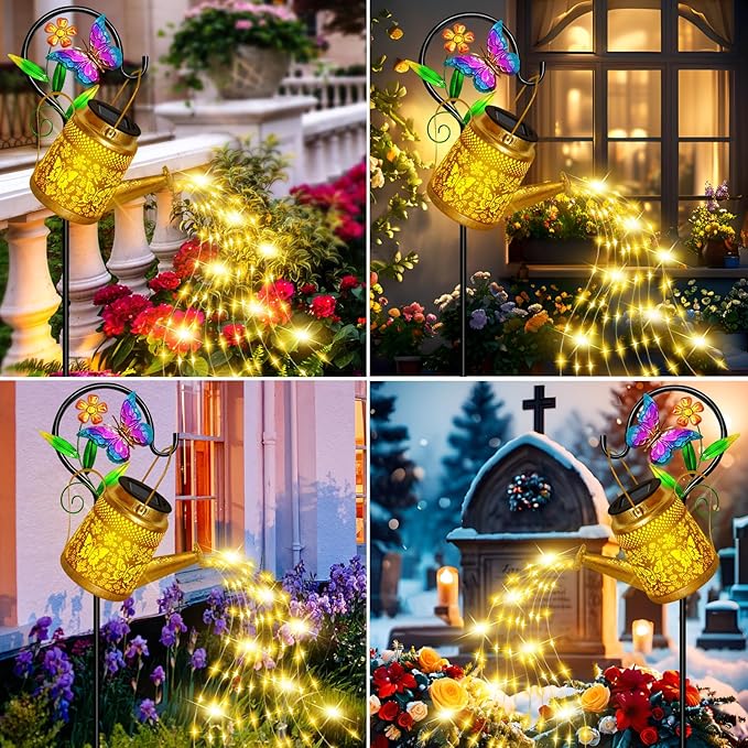 Butterfly Solar Watering Can Lights, Outdoor Waterproof Garden Lanterns with Shepherd Hook, Solar Garden Decor for Yard Outdoor Landscape Pathway Porch Patio, Gift for Women Mom Grandma, 2 Pack