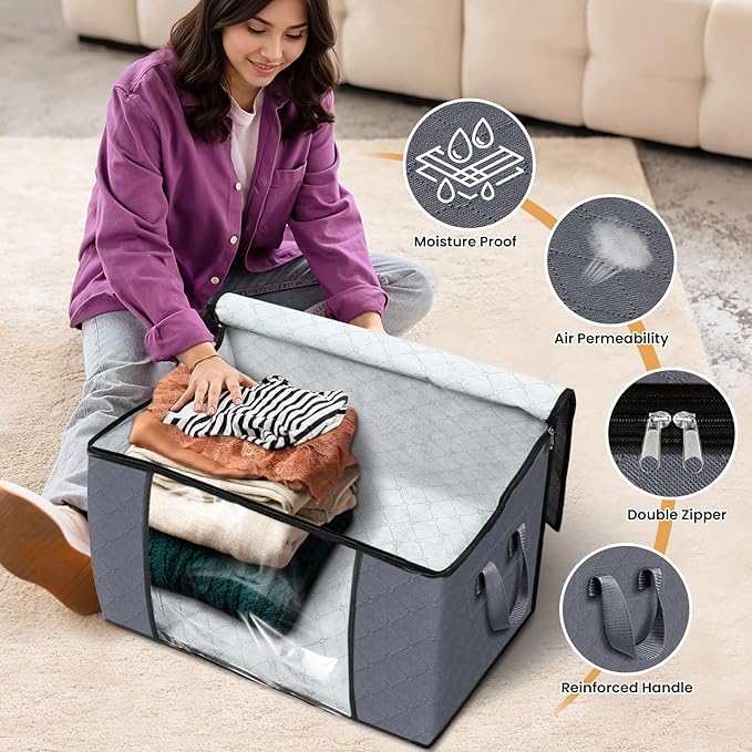 Fab totes 90L Clothes Storage, Foldable Thick Fabric Blanket Storage Bags, Containers for Organizing Bedroom, Closet, Clothing, Comforter, Organization with Handle (6 Pack,Grey)