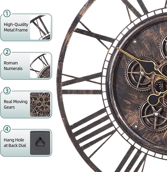 Moving Gear Large Clock Wall 20inch/50cm Copper, Decorative Wall Clocks for Living Room, Unique Farmhouse Steampunk Metal Wall Clock Decor, Office Wall Clocks