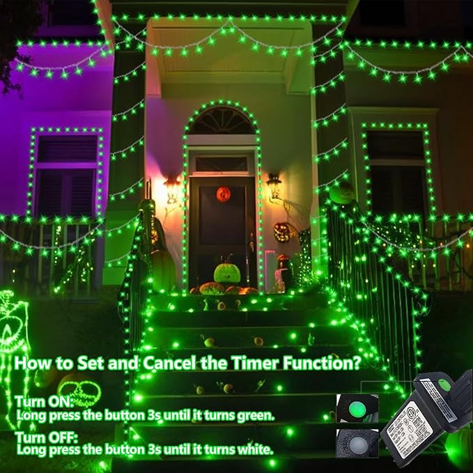 QITONG 165ft 500 LED Green Halloween Lights Outdoor Waterproof, 8 Modes String Lights Indoor, Clear Wire Christmas Light Plug in