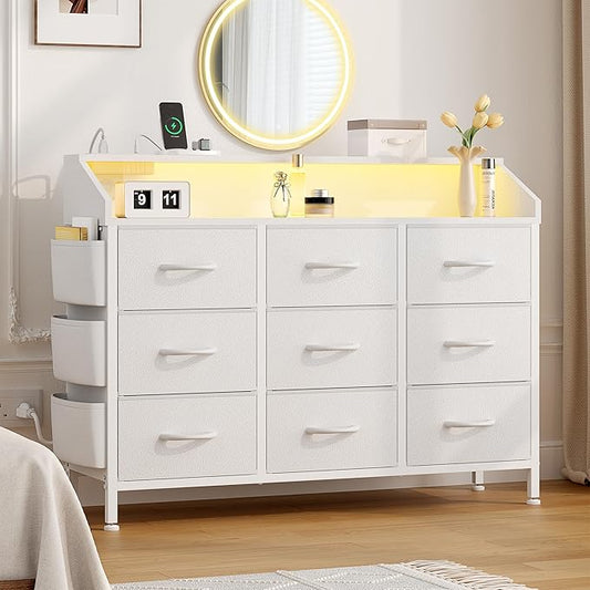 Lulive White Dresser TV Stand with LED Light and Power Outlets, 2-Tier Shelf Fabric Chests of Drawers for Bedroom, Entryway, Closet (White)
