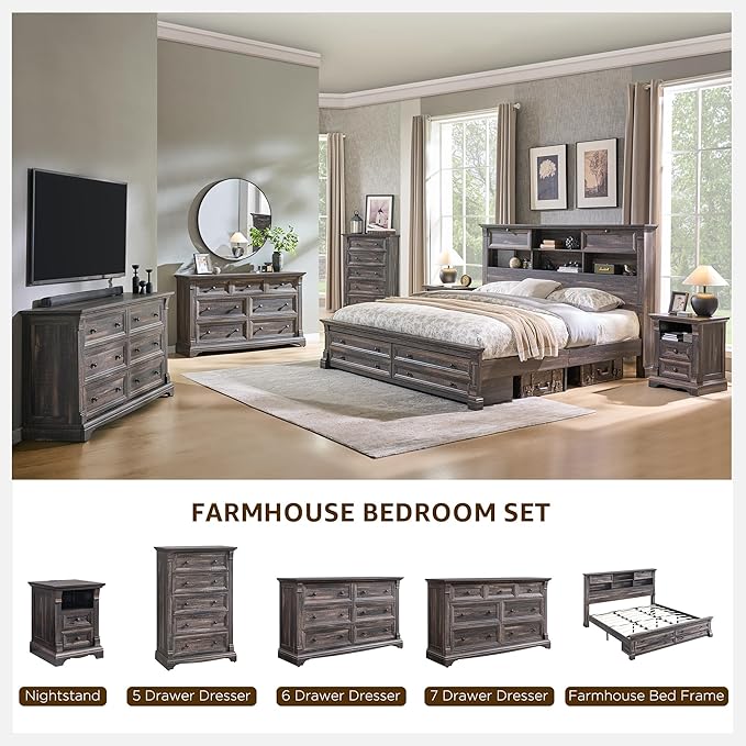 Farmhouse Queen Size Bed Frame with 54" Tall Headboard, Headboard with 4 Storage Rack, 2 Drawers, 18" Roman Column Decoration Footboard, Wood Platform Bed Frame, No Box Spring Needed(Dark Rustic Oak)