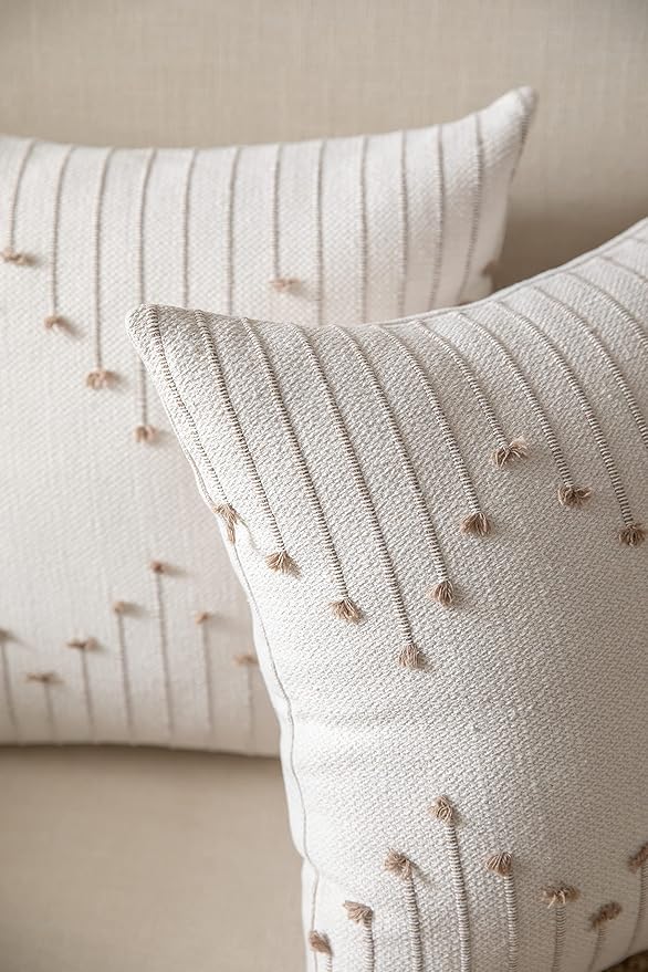 Boho Throw Pillow Covers 24x24 Set of 2 Decorative Pillows for Bed, Neutral Pillow Covers Beige with Tan Line Throw Pillows for Modern Farmhouse Couch Sofa Living Room Outdoor
