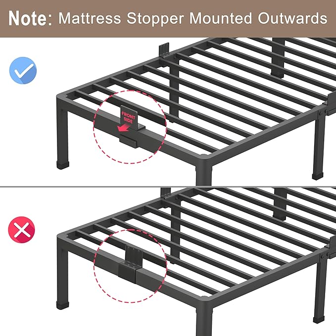 ROIL 18 Inch Full Size Bed Frame with Rounded Corner and Headboard Hole Mattress Retainers 3500LBS Metal Heavy Duty Steel Slats No Box Spring Needed Platform Noise-Free Easy Assembly