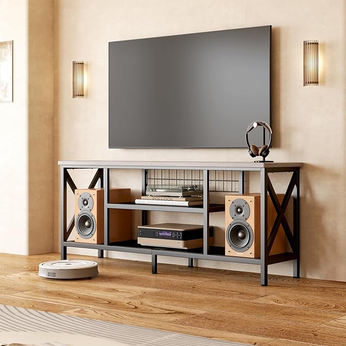 Gizoon TV Stand for 55-65 Inch TVs, 3-Tier Industrial Media Entertainment Center with Open Shelves, Metal Frame, 59.8'' Solid Wood Table top for Living Room, Bedroom, Office, Grey
