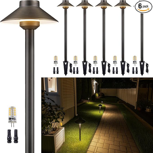 Low Voltage Landscape Lighting - Solid Brass Pathway Lights 12V, LED Path Lamp Waterproof, Hat Shaped Wired Bronze for Walkway Garden with 3W 270LM 4000K Neutral White G4 Bulb (6 Pack)
