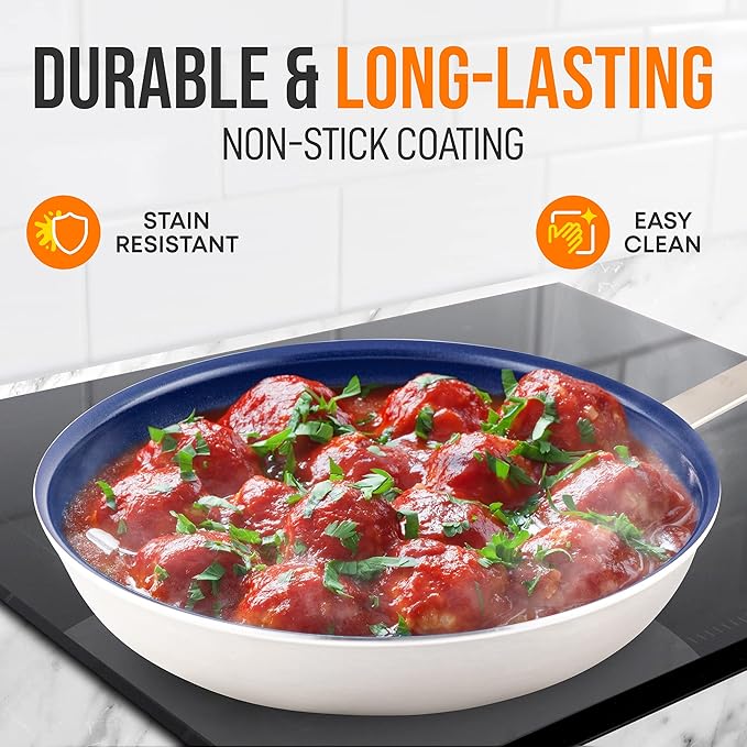 NutriChef 12" Fry Pan With Lid - Large Skillet Nonstick Frying Pan with Silicone Handle, Ceramic Coating, Blue Silicone Handle, Stain-Resistant, Easy To Clean, Professional Home Cookware