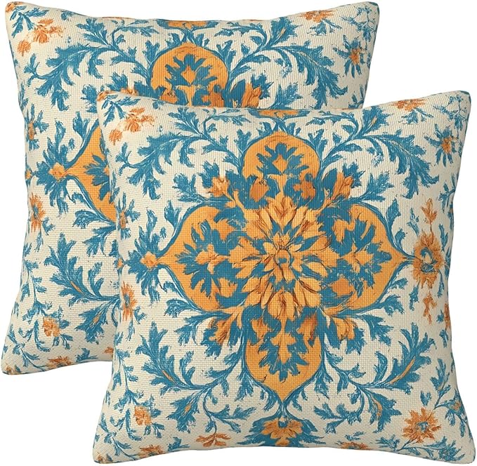 Light Orange Blue Boho Pillow Covers 18x18 Inch Set of 2 Bohemian Ethnic Carpet Pattern Floral Decorative Throw Pillows Fall Vintage Outdoor Cushion Covers for Sofa Bed Couch Living Room Decor