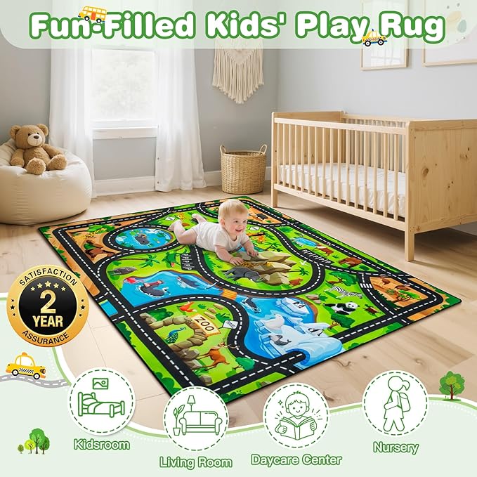 Kids Rug, 5' x 7' FT Animal Car Rugs for Kids Toy Cars, Extra Thick (0.4in) - Non-Slip Zoo Road Mat Carpet for Playroom & Bedroom, Educational Learning & Game Area