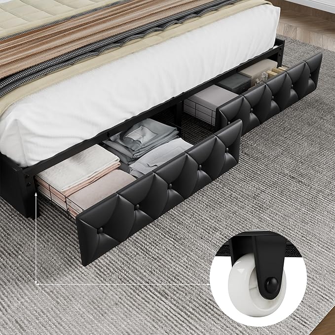 Keyluv Queen Upholstered LED Bed Frame with 4 Drawers, Pu Leather Platform Storage Bed with Adjustable Button Tufted Headboard and Solid Wooden Slats Support, No Box Spring Needed, Black