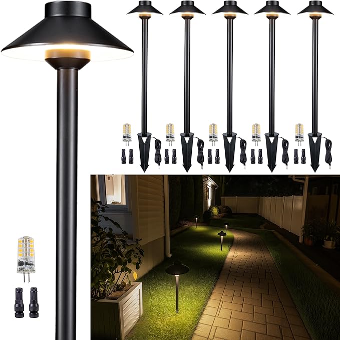Solid Cast Brass Pathway Lights, 12v Landscape Path Light Outdoor Waterproof, Electric Walkway Lights Wired, Hat Shape Black Garden Area with 3W 270LM 5000K Daylight G4 Bulb (6 Pack)