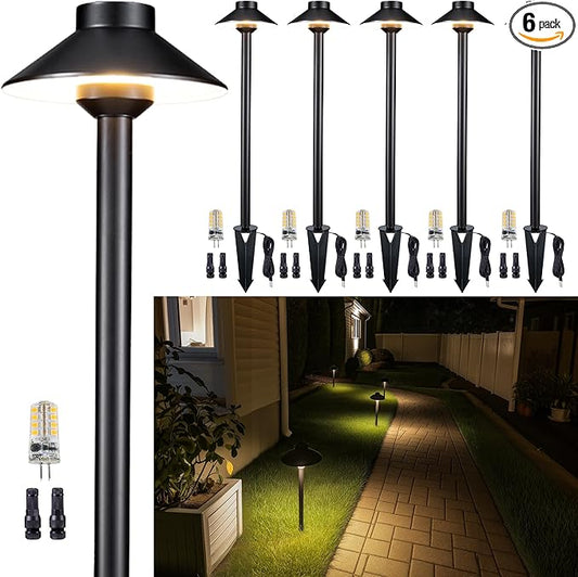 Brass Low Voltage Landscape Lighting - 12V LED Path Lights IP65 Waterproof, Hard-Wired Pathway Light Black for Outside Walkway Garden with 3W 2700K Warm White G4 Replaceable Bulb (6 Pack)