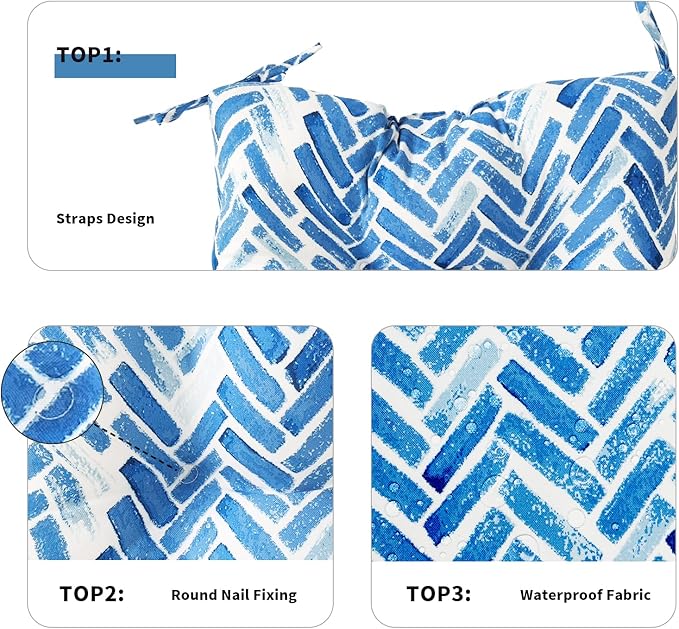 Set of 2 Outdoor Tufted Chair Cushions 19"x19"x4", Water Repellent Patio Seat Cushions with Ties, Replacement Chair Pads for Wicker Dining and Patio Furniture - Blue Bricks
