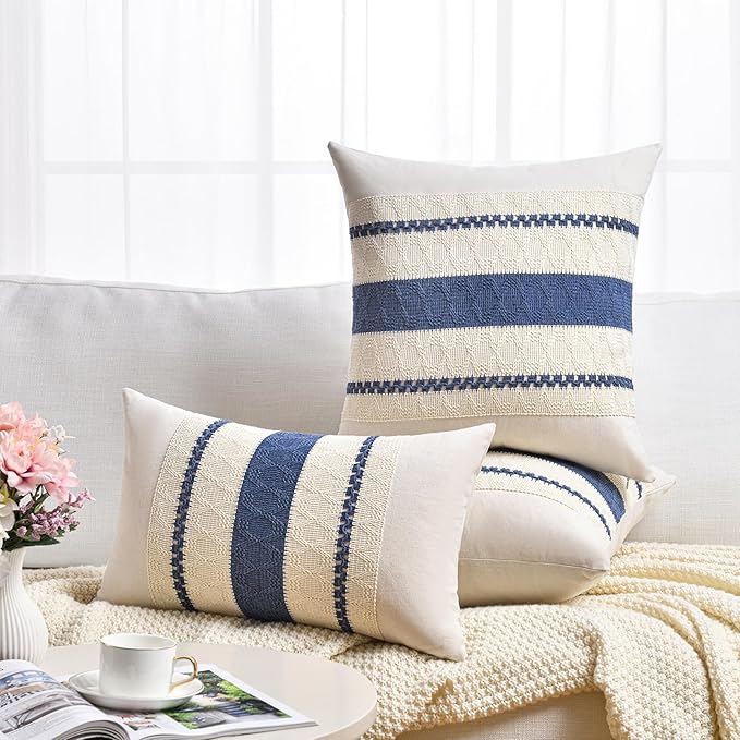 Fancy Homi Set of 2 Dusty Blue Vintage Lumbar Decorative Throw Pillow Covers 12x20 Inch for Couch Bed Sofa Chair Bedroom, Rustic Retro Square Cushion Case, Modern Farmhouse Boho Living Room Decor