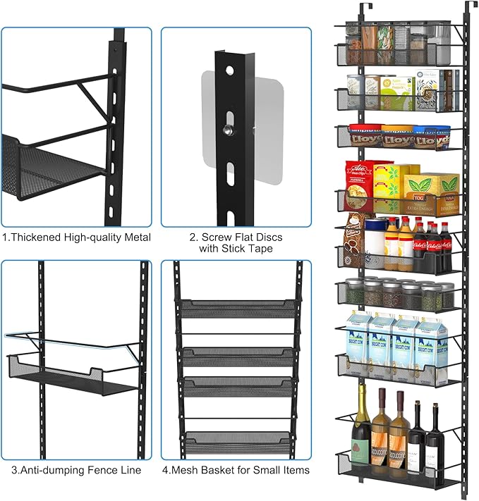 Over the Door Pantry Organizer, 8-Tier Over the Door Organizer with Adjustable Basket, Pantry Door Organization for Pantry Kitchen Storage Room Spice Rack, Black
