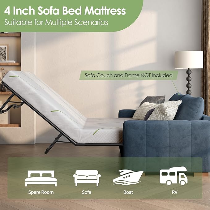 4 Inch Gel Memory Foam Sofa Mattress Queen Size, CertiPUR-US Certified, with Removable Washable Cover, for Guest Rooms, Sofas, RVs & Boats