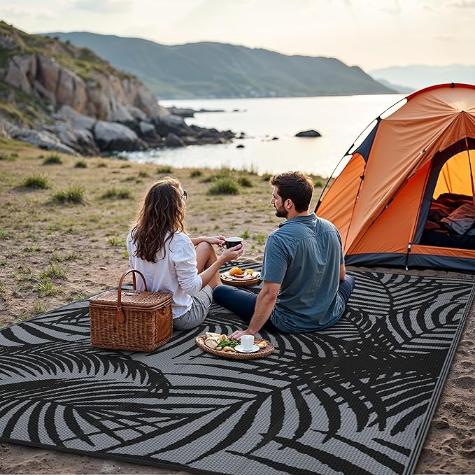 GENIMO Outdoor Rug 6' x 9' Waterproof for Patio Clearance, Reversible Plastic Straw Camping Carpet, Lightweight Mats for Rv, Backyard, Deck, Porch, Picnic, Beach, Balcony, Mix-Black & Gray