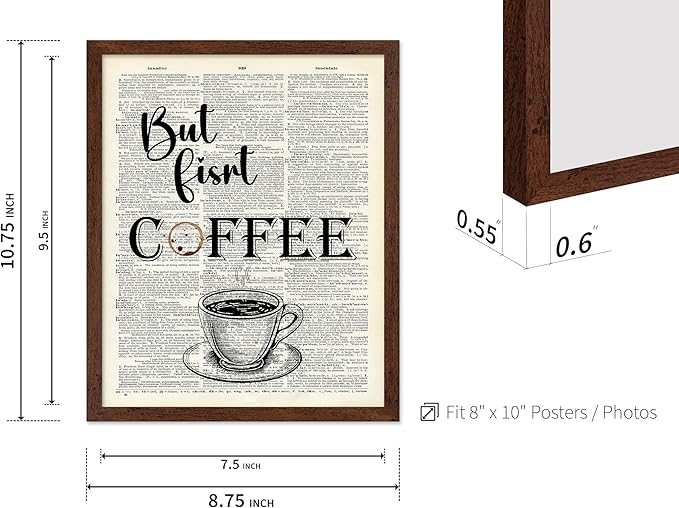 Poster Master Dictionary Art Poster - But First Coffee Print - Cafe Art - Gift for Men, Women, Coffee Lovers & Barista - Funny Decor for Kitchen, Restaurant or Dining Room, 8x10 Brown Framed