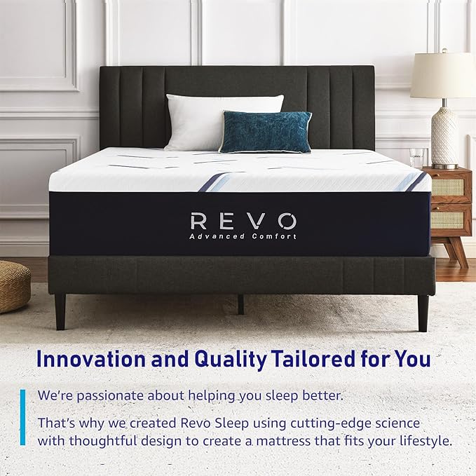 REVO Sleep Gel Memory Foam Mattress, 12-Inch Queen – Cooling Mattress with Pressure-Relieving Gel Foam, Contouring Support & Breathable Comfort for Restful Sleep