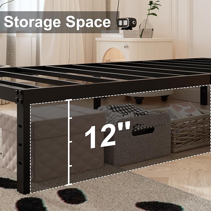 14 Inch Full Bed Frame with White Fabric Cover, Heavy Duty Metal Bed Frame Full, No Box Spring Needed, Support Up to 3000 lbs, Easy Assembly, Noise Free, Black