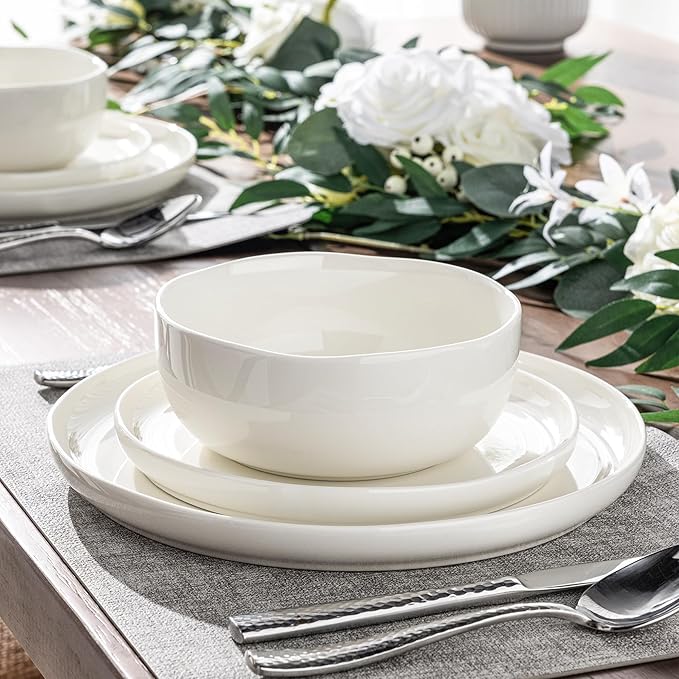 LERATIO Ceramic Dinnerware Sets for 6,Plates and Bowls Sets,Handmade Reactive Glaze Dishes Set,Chip Resistant and Scratch Resistant | Oven&Dishwasher & Microwave Safe- White &Wave(18PCS)
