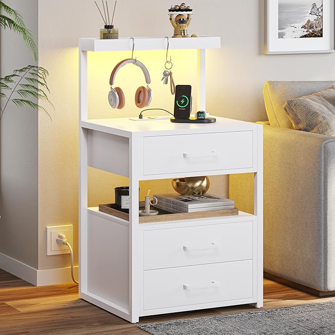 VIAGDO Nightstands Set of 2 with LED Lights, 3 Drawers Night Stands with Charging Station, White Bedside Tables with Storage Shelves, Modern End Side Tables for Bedroom, Office