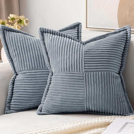 MIULEE Decorative Throw Pillow Covers for Couch Bed Livingroom 20x20 Inch Set of 2 Dustyblue Boho Accent Throw Pllows Broadside Striped Patchwork Soft Corduroy Pillowcases